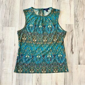 Chaps Green and Blue Sleeveless Blouse with Ornate Pattern - Size Large